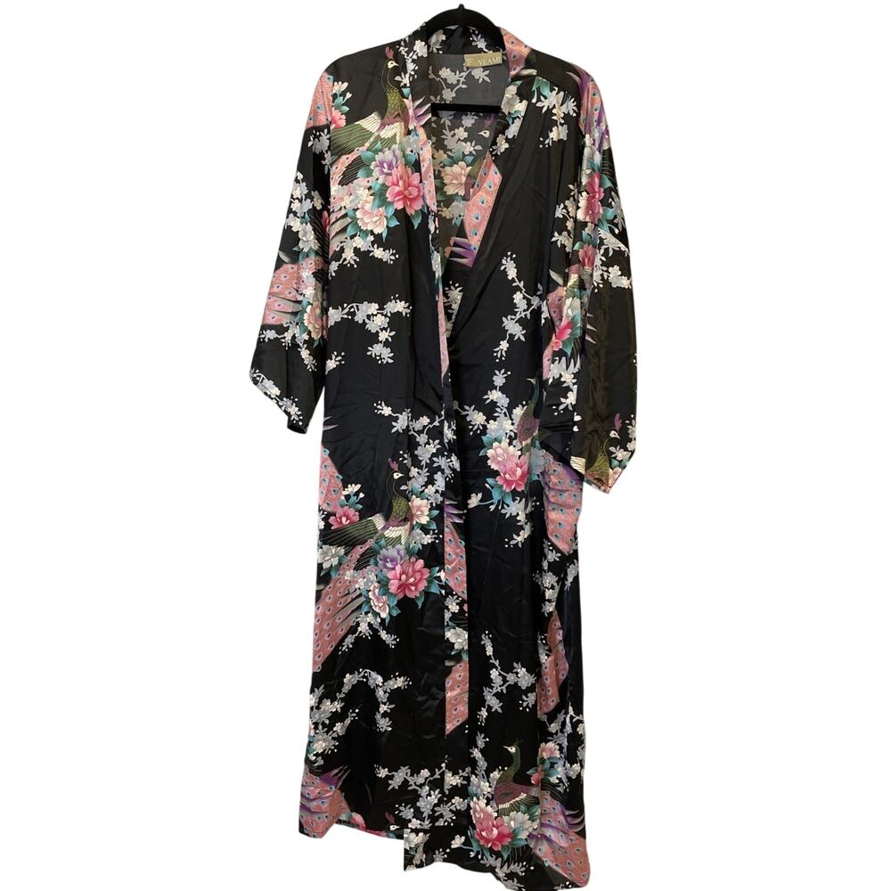 Veami Womens Satin Kimono Robe with Belt - Asian Inspired Peacocks Black XL